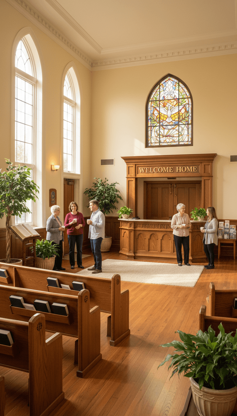 inside of a church with warm lighting and wooden pews