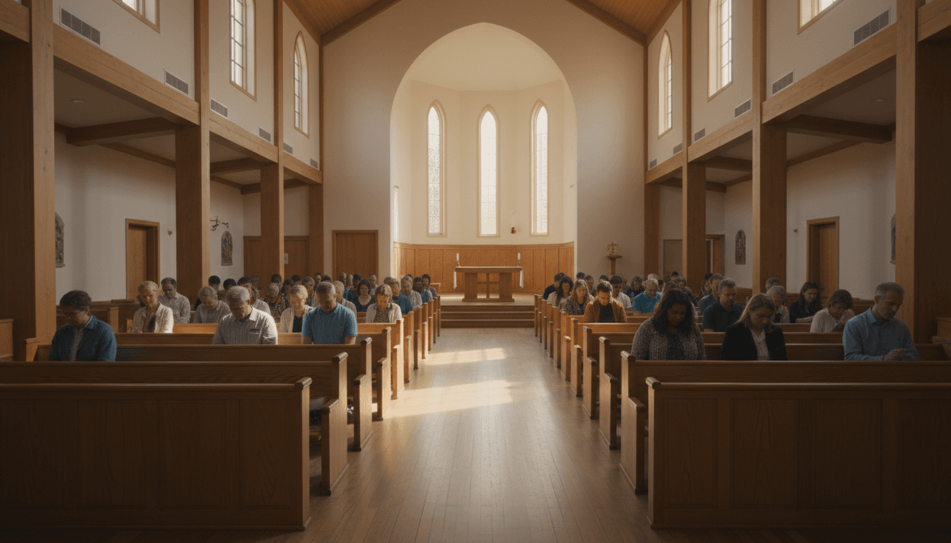 A small multicultural congregation gathers for worship in a sunlit church hall in Sydney