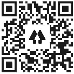 Black and white QR code with a central logo of two stylized, upward-pointing arrows.